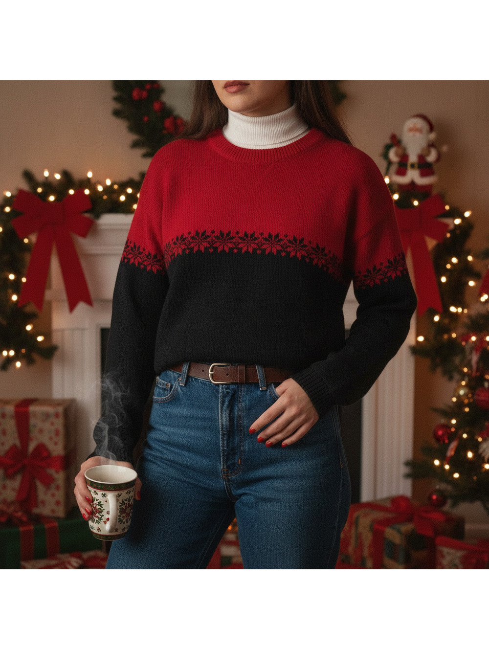 80s Vintage Eddie Bauer Red Black Crewneck Nordic Christmas Sweater XS Petite